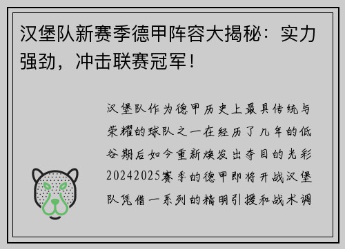 汉堡队新赛季德甲阵容大揭秘：实力强劲，冲击联赛冠军！